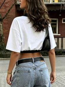 Rovax Atasan Crop Kasual Lengan Pendek Leher Bulat Bahu Jatuh Motif Colorblock untuk Wanita - Putih - View 2