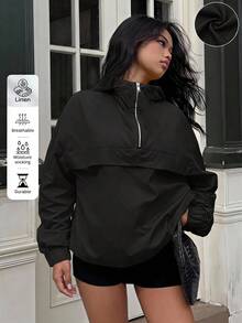 SHEIN Tween Girls Black Woven Hooded Casual Autumn Jacket - Black - View 3