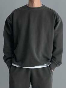 DAZY Spring/Autumn Short Long Sleeve Ribbed Hem & Cuff Design Grey Knit Pullover Sweatshirt For Men - Grey - View 4