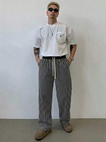 DAZY 男士長款彈性腰條紋長褲，四季夏季皆宜 - 彩色 - 查看 3