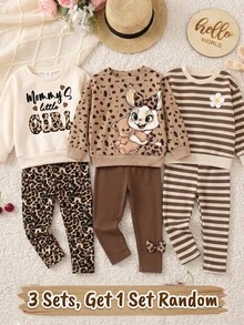 Mama's Little Girl❤ 乳白色復古豹紋女童休閒圓領長袖衛衣與休閒內搭褲2件套，適合秋冬日常穿著、外出、親子穿搭、校園 - 彩色 - 查看 3