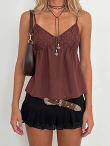 Sundraya Women's Lace Patchwork Casual Sexy Versatile Party Golf Camisole Pastal Summer - Coffee Brown - View 3