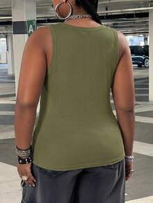 SHEIN CURVE+ 大码女式休闲基础款修身白色露肩背心，夏季舒适面料 - 軍綠色 - 查看 2
