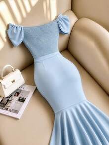 Selianne Summer Women's Sexy Romantic Elegant French Light Blue Pleated Shirred Cinched Waist Chic Top And Body-Hugging Fishtail Skirt Set Wedding - Blue - View 2