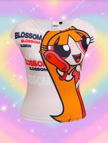 THE POWERPUFF GIRLS X SHEIN Women's Cartoon Pattern Letter Print Contrast Color Fashion Cute Y2k T-Shirt School Teacher White Summer - Pink - View 3