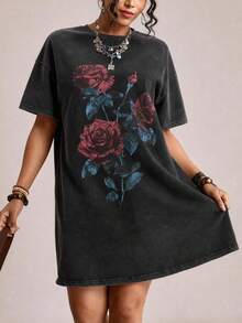 Freevana Women's Plus Size Round Neck Short Sleeve Dress, Dark Green Snowflake Pattern, Loose Rose Print, Casual 1960s Daily Street Style, Summer Concert Party - Grey - View 8