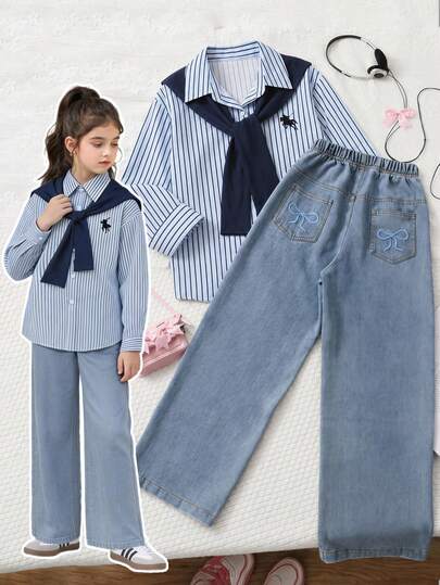 SHEIN 2pcs/Set Blue And White Navy Blue Long Sleeve Shirt And Light Blue Denim Jeans For Girls, Sweet Cute 80s Casual Outfit For Autumn School Off Campus
