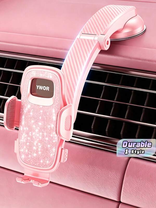 YWOR Pink Universal Car Phone Holder Strong Suction Cup Stable Support Hands Free Bracket Durable Shockproof Mount Flexible Installation Design Practical Car Interior Accessory For Navigation Daily Driving Use.