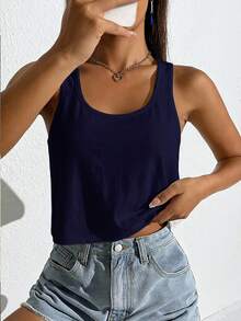 SHEIN EZwear 女款休閒深U領寬鬆短版背心，海軍藍，適合夏季 - 藏蓝色 - 查看 9