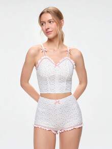 Bonmuse Ditsy Floral Print Bow Front Cami Top & Shorts PJ Set / Pajama Set White Setfor Summer - White - View 3