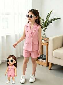 Elladie kids 少女粉色無袖西裝外套配翻領設計與修身短褲 正式休閒兩件套 - 粉色 - 查看 1