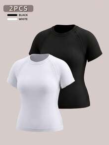 Velisys Velisys Plus Size Women Solid Color Raglan Short Sleeve Sports T-Shirt Gym Sports White Summer Sports Gym With Breathable Fabric Gym - Black and White - View 1