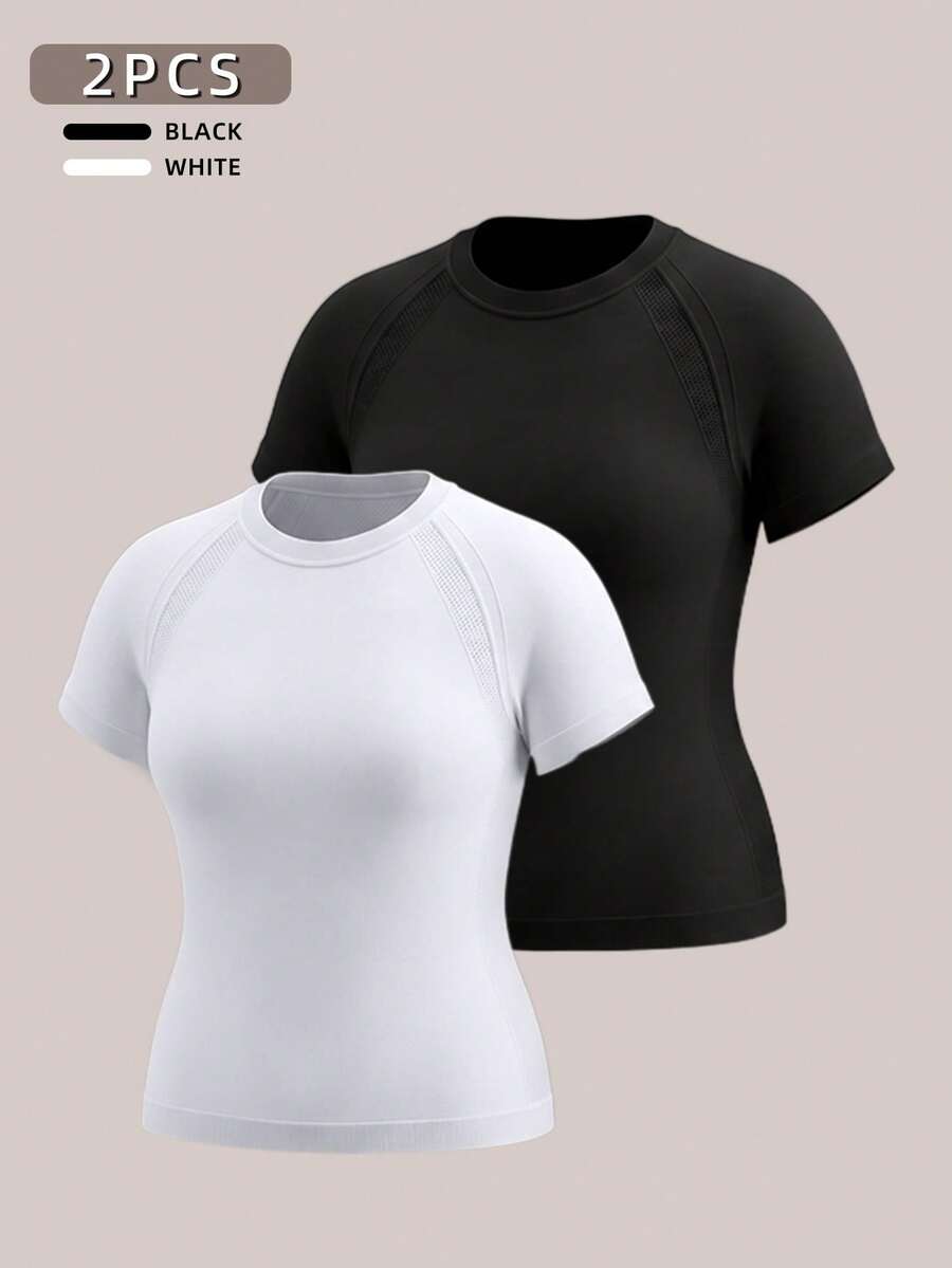 Velisys Velisys Plus Size Women Solid Color Raglan Short Sleeve Sports T-Shirt Gym Sports White Summer Sports Gym With Breathable Fabric Gym - Black and White - View 1