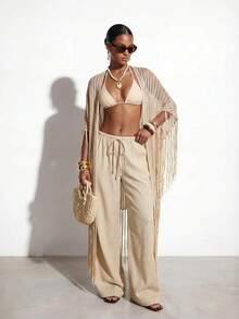 Zivah 2026 Nuovo copricostume kimono da donna stile scialle in maglia semi-trasparente color albicocca con nappine, casual per vacanze al mare, adatto per molteplici occasioni - Albicocca - Visualizzare 10