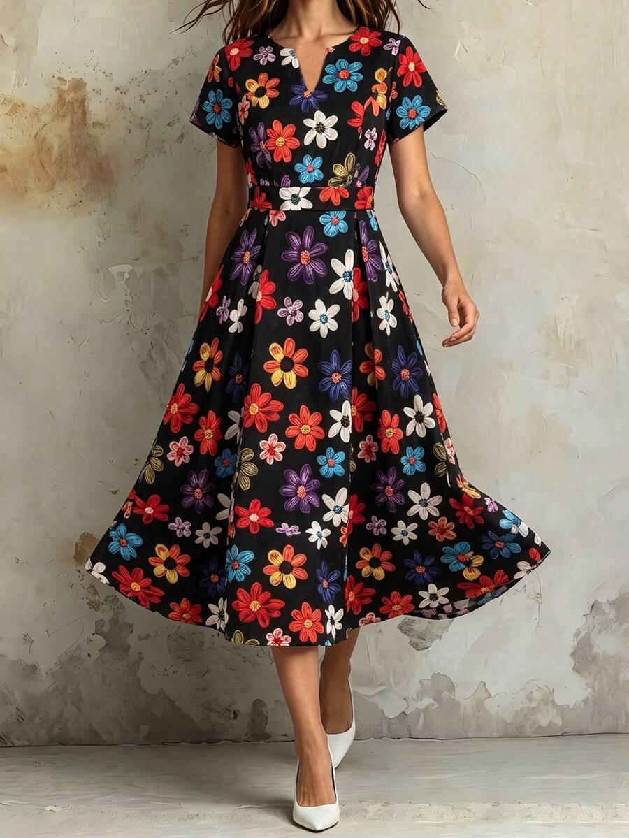 Franclia 女士休闲碎花印花V领短袖中长连衣裙,适合春夏穿着 - 黑色 - 查看 1