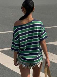 Muchica Casual Minimalist All-Over Print Off-Shoulder Loose Short Sleeve T-Shirt For Women,Summer Top - Multicolor - View 2