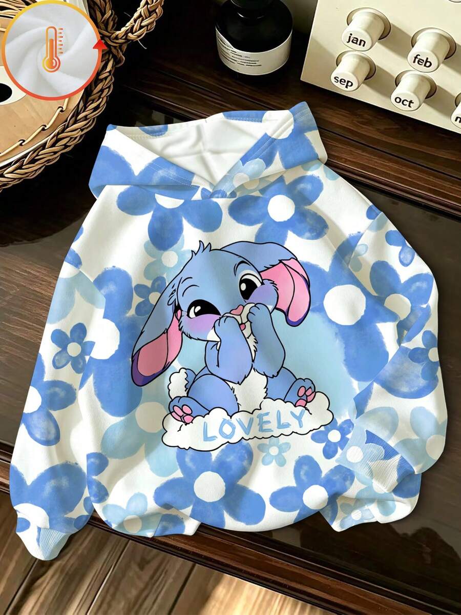 SHEIN 1件少女韓式清新療癒藍白墨染花卉可愛兔子卡通圖案印花連帽長袖衛衣,適合日常穿著,春秋寬鬆休閒女款外套上衣 - 彩色 - 查看 1