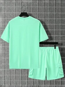 Manfinity Homme Men's Solid Color Crew Neck Short Sleeve T-Shirt And Drawstring Waist Cargo Shorts 2-Piece Set - Mint Green - View 2