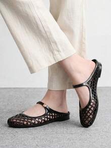 CUCCOO BIZCHIC 女款方頭水晶平底涼鞋，時尚海灘度假平底鞋 - 黑色 - 查看 3