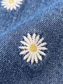 SHEIN MOD 女款寬鬆刺繡雛菊休閒 70 年代可愛直筒牛仔褲 秋季校園約會 白色藍色花卉 - 深色水洗藍 - 查看 5