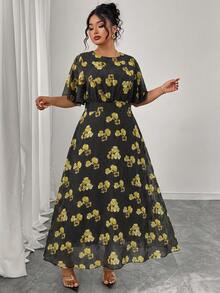 Modelyn Gaun Chiffon Hitam Elegan Ukuran Plus Wanita Motif Langit Musim Semi/Panas Leher Bulat Lengan Lonceng Berkerut Model Drape Pas Badan untuk Pesta Teh dan Liburan - MultiWarna - View 4