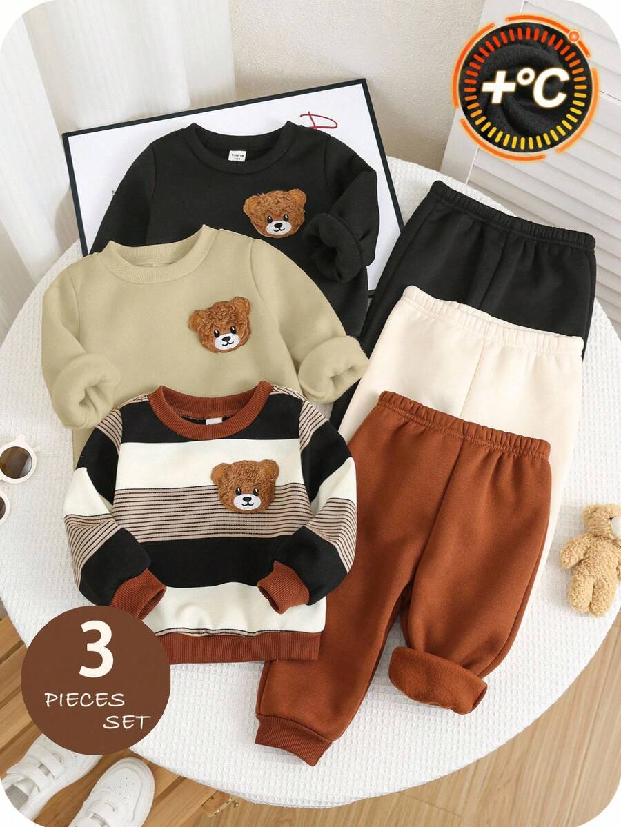 SHEIN LMoss Kids 3件組嬰兒男孩女孩秋冬休閒基礎條紋圓領運動衫多件裝 - 彩色 - 查看 1