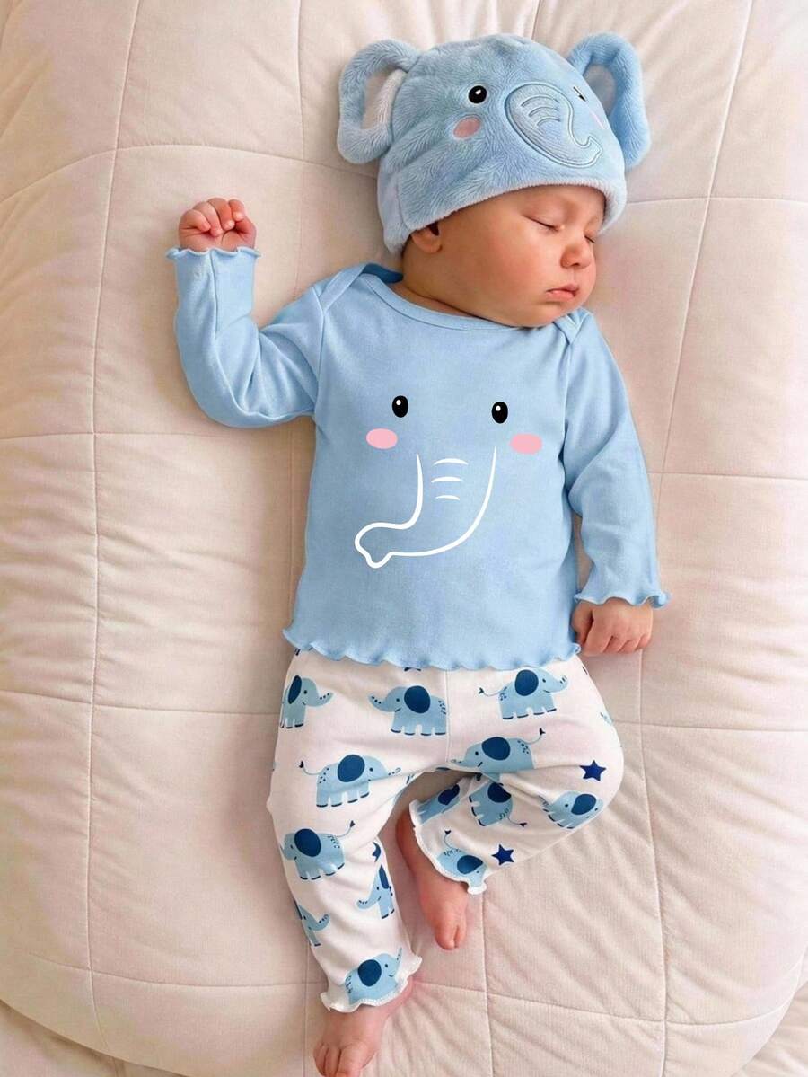Newborn Baby Girl Cute Cartoon & Floral Pattern Long Sleeve Loungewear Set - Multicolor - View 1