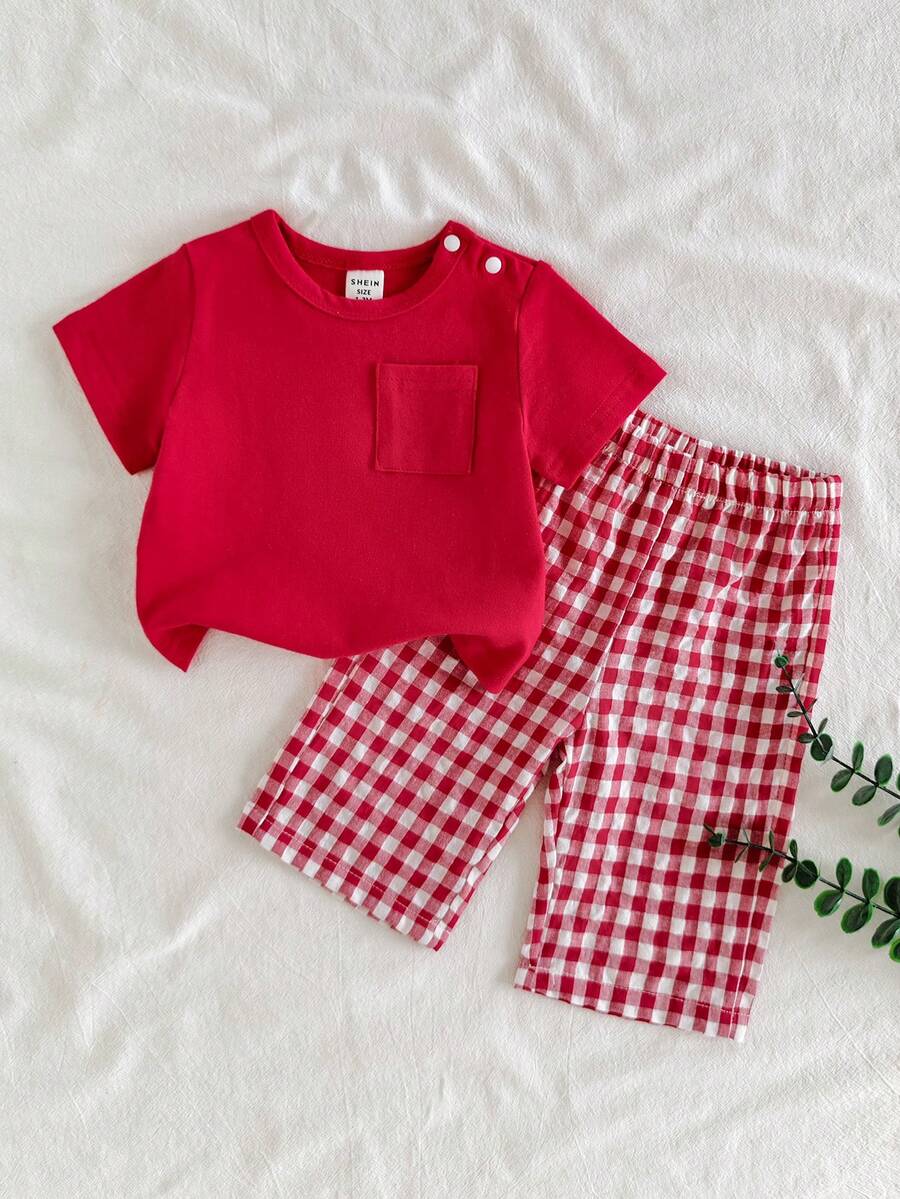 Vintaside Kids 新生兒 2 件套,田園度假鄉村風,柔軟夏季穿著,時尚可愛百搭休閒中性款 - 紅色 - 查看 1