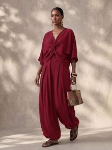 Zivah 2026 Spring/Summer New Music Festival Party Holiday Outing Office Wear Twist Short Sleeve V-Neck Top And Elastic Waist Side Pocket Loose Wide Leg Tapered Pants Linen Pants Set - Burgundy - View 7