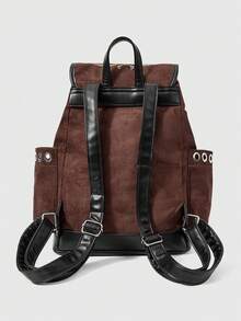 ROMWE Grunge Punk Tas Ransel Bordir Penyihir Gotik dengan Ekstrak Tanaman Pakis Ulat Bulan, Tas Sekolah Berumbai Tali Serut Suede - coklat tua - View 4