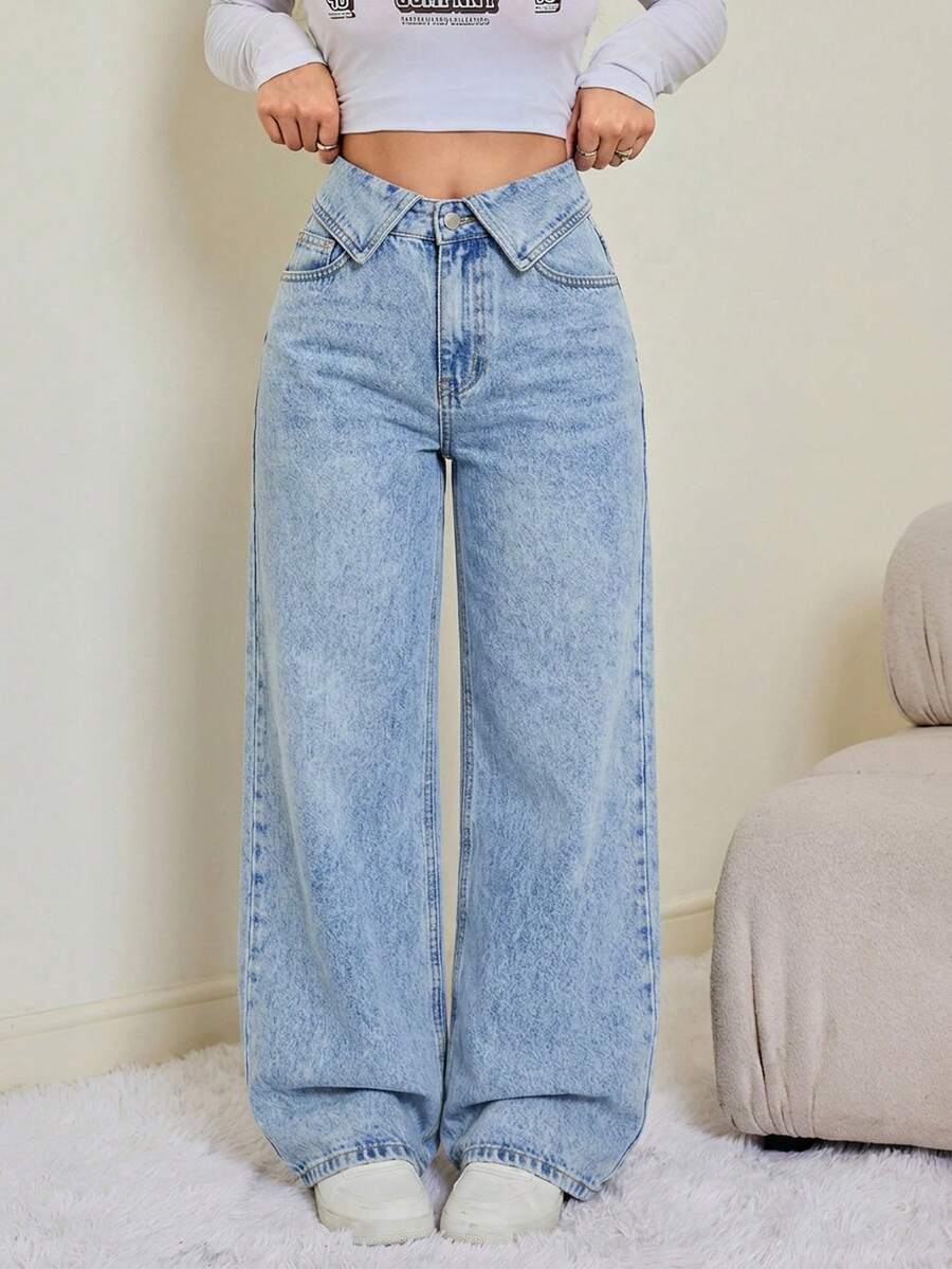 SHEIN Tall 女款折腰寬腿寬鬆休閒牛仔褲 - 淺色水洗藍 - 查看 1