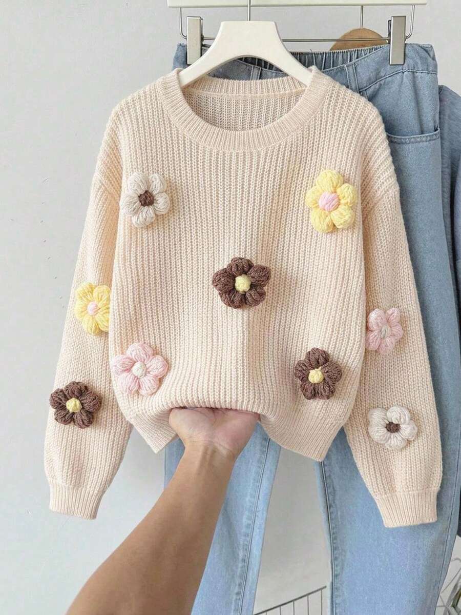SHEIN Genkimix Kids 青少年女孩毛衣,奶油色圓領3D手工鉤編軟針織套頭上衣,可愛甜美極簡長袖,適合秋冬居家、外出、派對、拍照、戶外玩耍 - 杏色 - 查看 1