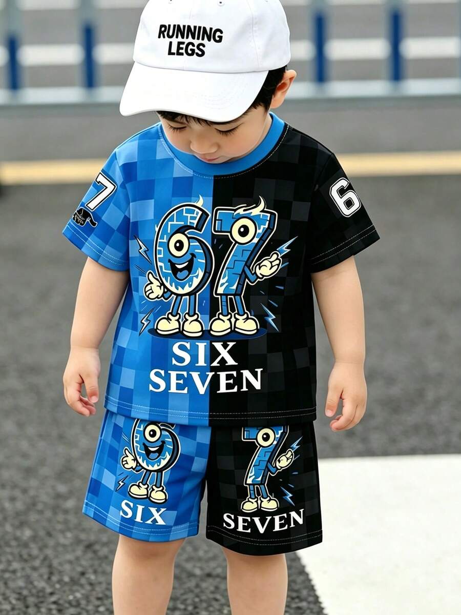 2件套夏季新款男童卡通蓝黑棋盘格印花短袖套装,儿童休闲运动套装,数字印花撞色棋盘格套装,舒适字母印花儿童两件套,美式运动街头风,百搭儿童套装,夏季休闲童装,日常玩耍服,舒适的春夏装 - 彩色 - 查看 1