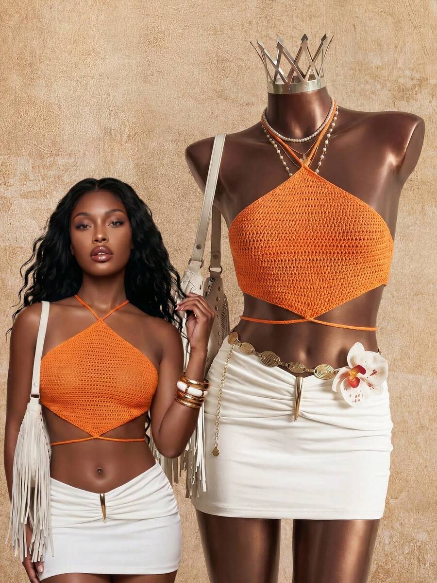 SHEIN LUNE Crisscross Tie Back Halter Knit Top - Orange - View 1