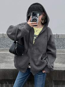 FRIFUL Women's Korean Style Autumn Solid Color Hooded Fleece Lined Double Zipper Jacket Sweatshirt Oversized T Shirts For Women - Grey - View 6