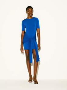 KSTM Short Sleeve Mini Dress With Front Knot Detail And Asymmetric Draped Hem For Summer Brunch Royal Blue Minimalist Elegant - Blue - View 3