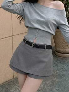 SHEIN MOD Women's Fashion Casual Solid Color Oblique Shoulder Button Gray Sweater In Fall/Winter - Grey - View 5