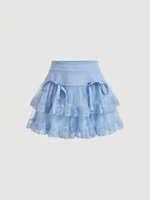 SHEIN MOD Women's Solid Color Mesh Bowknot Casual Summer Skirt - Blue - View 3