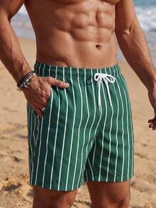 Manfinity EZcore Summer Plus Size Men's Striped Print Slant Pocket Drawstring Waist Casual Beach Shorts Holiday / Vacation / Beach / Hawaii / Tropical / Swim /  Bathing - Olive Green - View 6