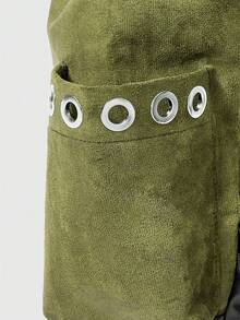 ROMWE Grunge Punk Gothic Witch Embroidery Backpack Moonworm Fern Plant Extract Backpack, Suede Drawstring Fringed School Bag - Dark Green - View 5