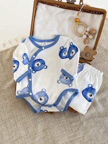 Newborn Baby Spring/Summer 2pcs Jumpsuit And Long Pants Set, Cute Bear Cartoon Pattern Design, Soft Skin-Friendly Fabric, Comfortable Home Wear For Kids' Sleep And Healthy Growth - Blue - View 3