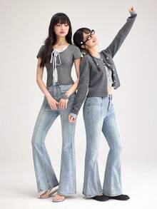 DAZY Celana Jeans Wanita Gaya Korea Model Flare dengan Detail Sobek Ukuran Petite - Biru - View 9