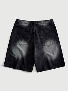 ROMWE MEN Street Life 男士時尚百搭水鑽街頭風鈕扣口袋牛仔短褲 - 黑色 - 查看 2