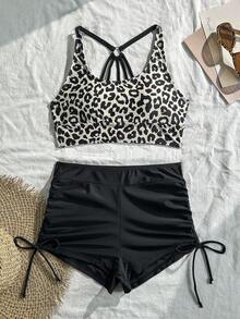 SHEIN Swim 女款豹紋比基尼套裝，時尚夏季沙灘泳裝 - 彩色 - 查看 5