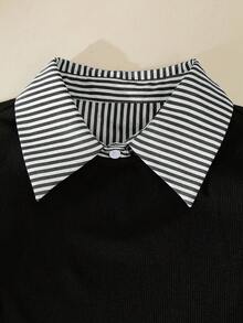 Franclia 女款黑色時尚休閒修身顯瘦拼接條紋襯衫 - 黑與白 - 查看 4