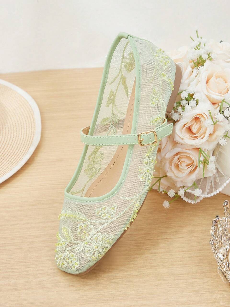 CUCCOO HITCHD Women's New Mesh Embroidered Floral Beaded Design Square Toe Mary Jane Flat Shoes, Single Strap Shallow Cut Soft Sole Shoes, Suitable For Spring/Summer Daily, Holiday, Vacation Wear