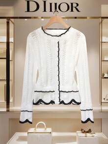 SHEIN Franclia Women's Regular Raglan Sleeve Contrast Trim Decor Round Neck Hollow Button Front White White Cardigan Casual Spring - Black and White - View 3