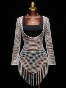 Zestiva Women's Sexy Hollow Out Sheer Tassel Hem Cover-Up Dress For Vacation - White - View 3