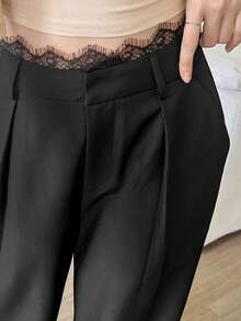 DAZY 女款法式優雅休閒蕾絲拼接百褶長褲，附口袋，秋季早午餐商務風，黑色 - 黑色 - 查看 4