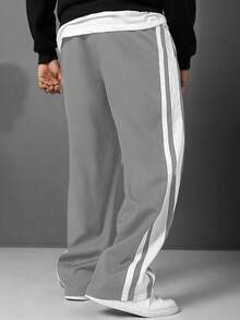 Manfinity Homme Plus Size Men's Casual Straight Leg Pants With Side Stripes And Drawstring Waist - Grey - View 2